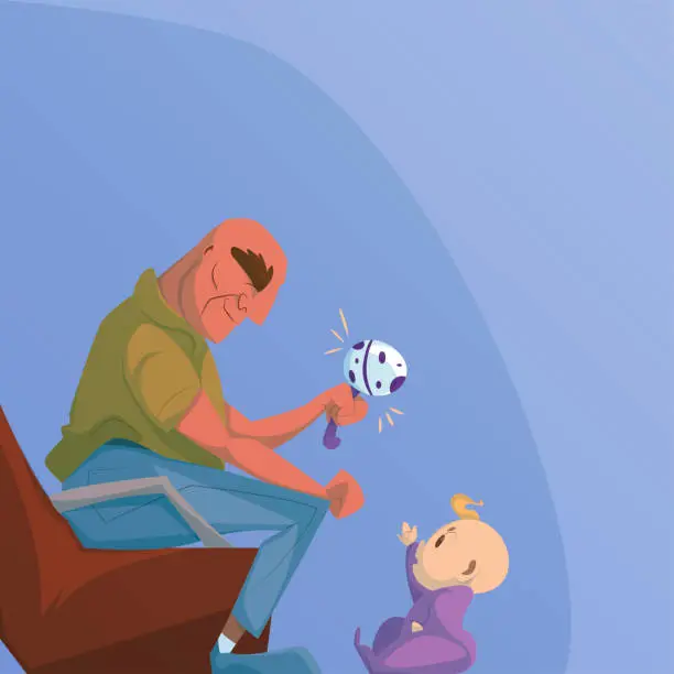 Vector illustration of illustration of an elderly grandfather with big eyebrows is sitting on the sofa playing with his baby grandson