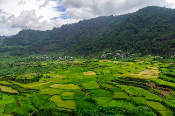 ripresa aerea di un bellissimo paesaggio verde con alte montagne a sagada, filippine - ifugao foto e immagini stock