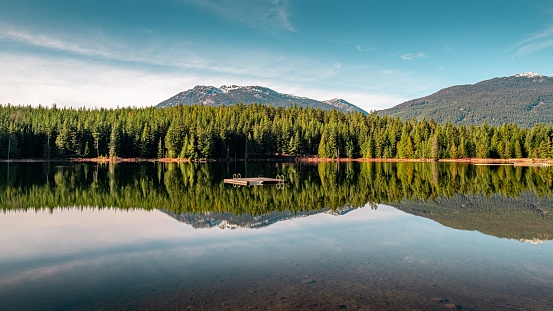 A beautiful green scenery reflecting in the Lost Lake in Whistler, BC Canada