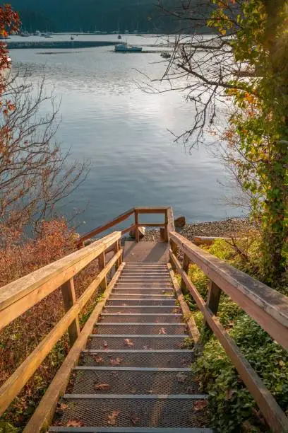 Photo of Vertical high angle shot of a staircase at the lakeshore surrounded by a mountainous scenery