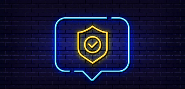 Neon light speech bubble. Security shield line icon. Cyber defence sign. Private protection symbol. Neon light background. Security shield glow line. Brick wall banner. Vector