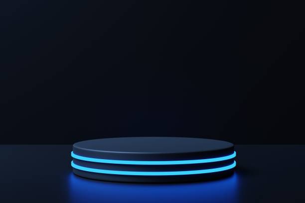 istock Podium with neon glow on a black background, 3d render 1440278790