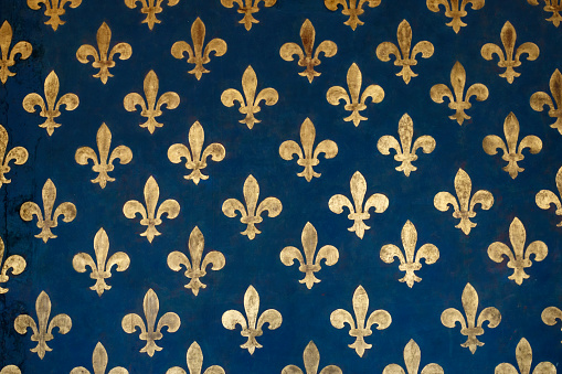 Blue wall with golden Fleur de Lys pattern, City Hall, Florence, Tuscany, Italy, Europe