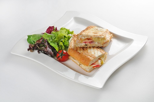An isolated shot of a white plate with a two-part sandwich - perfect for a food blog or menu usage