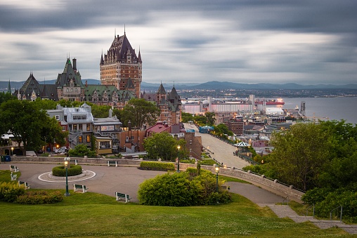 A high angle shot of the beautiful scenery of the gloomy Quebec City in Canada