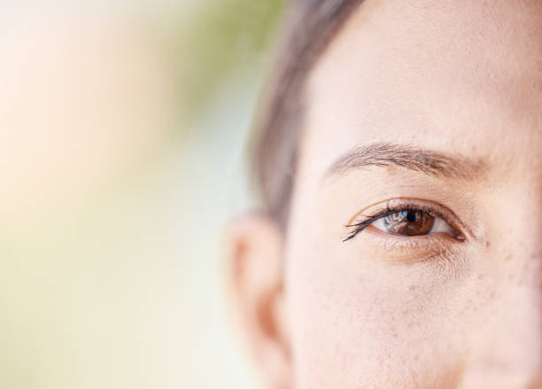 face portrait of a woman eye thinking with mockup or blurred background with bokeh. head of a serious or focus young female with light freckle skin, staring with brown eyes outdoors in nature - human eye eyesight women creativity imagens e fotografias de stock