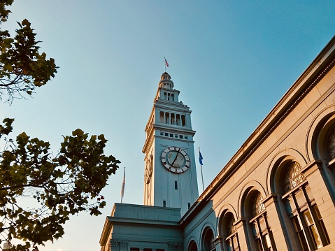 A low angle shot of Ferry Building in San Francisco near green trees under the beautiful sky