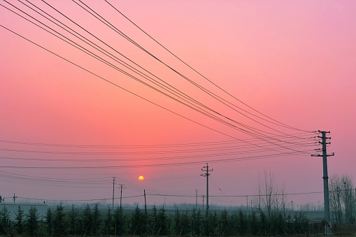 The electricity poles and cables against a beautiful pink-purple sunset sky