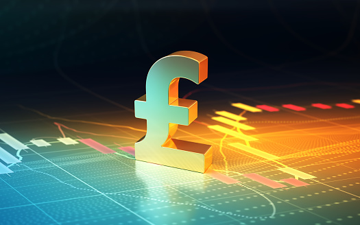3d render Pound Sign Sitting on Blue Yellow Financial Stock Exchange Chart Background (Depth of field)