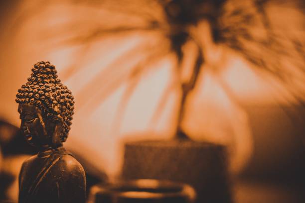 A horizontal shot of a Buddha statue in the temple with a blurred background