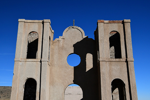 Mogote, CO. USA -November 1, 2022: The Ruins of San Isidro Catholic Church can be found along Highway 17 near the town of Mogote. The Church was destroyed by a fire in 1973