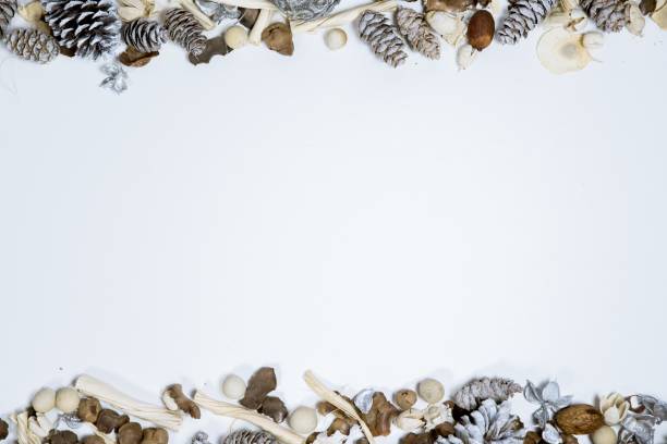 istock Overhead shot of a white surface with pine cones on top and bottom 1440288820