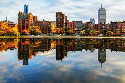 A horizontal shot of Back Bay neighborhood in Boston, Massachusetts with a cloudy white sky above