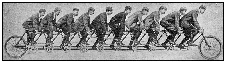 Antique image: Long tandem bicycle