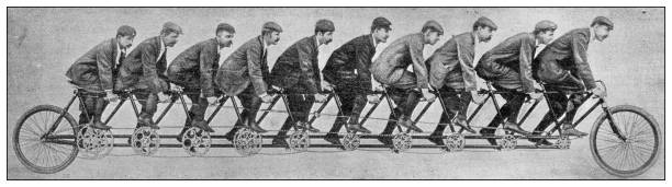 Antique image: Long tandem bicycle Antique image: Long tandem bicycle cycle racing stock illustrations