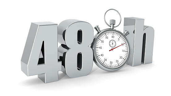 A 3D rendering illustration of a stopwatch with 48 hours word isolated on a white background