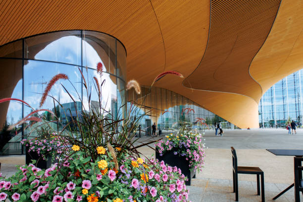 Helsinki Central Library Oodi with wooden circular roof and glass windows. Living meeting place with range of services in modern design at Kansalaistori Square. Helsinki, Finland - August 22, 2022: Helsinki Central Library Oodi with wooden circular roof and glass windows. Living meeting place with range of services in modern design at Kansalaistori Square. finnish culture stock pictures, royalty-free photos & images