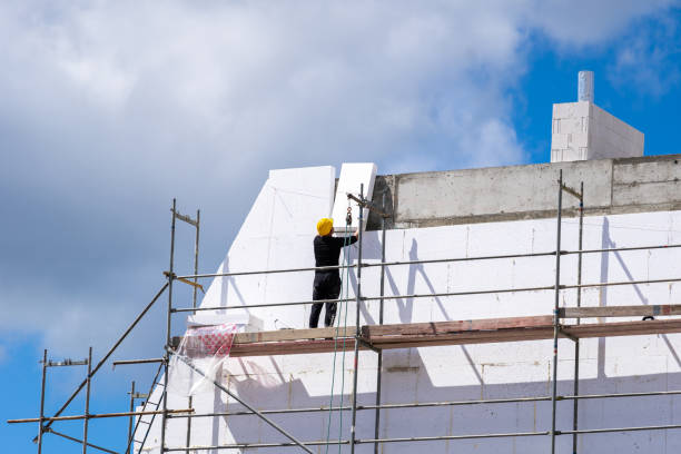 un homme installe des feuilles de polystyrène sur le mur de la façade de la maison pour la protection thermique - polystyrene photos et images de collection