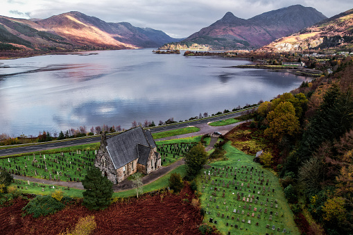 Glenfinnan monument and Loch Shiel viewed from a high angle