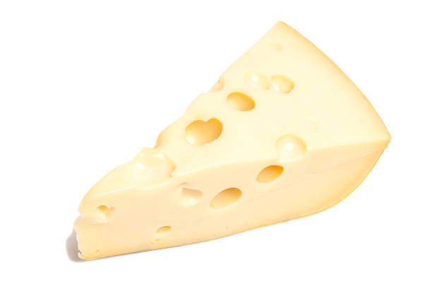 Piece of cheese with big holes, isolated on white background.