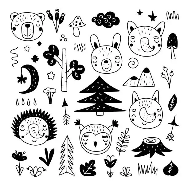 Vector illustration of Scandinavian animals set. Drawn by hand. Doodle cartoon animals with elements of the forest and the gifts of nature for children's posters, postcards, children's t-shirts. Vector illustration.