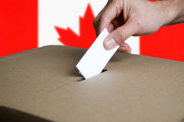 Hand putting Canada voting card in ballot boxCanadian flag in background