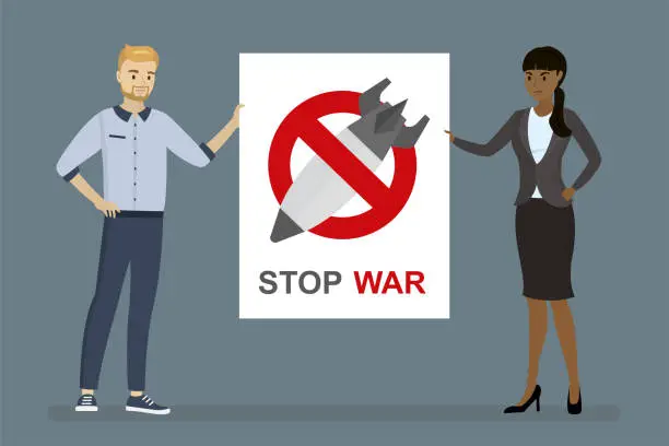 Vector illustration of Multiethnic demonstrators holds anti-war poster. Placard with text- stop war. Protest against military action and militarization. People want peace, stop russian invasion.