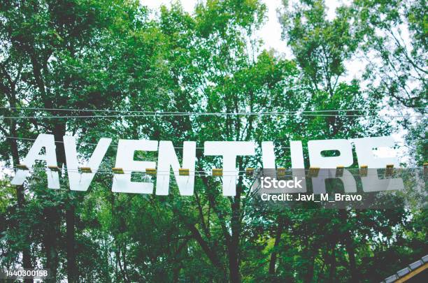 Adventure Letters Hanging In A Forest Stock Photo - Download Image Now - Adventure, Albania, Camping