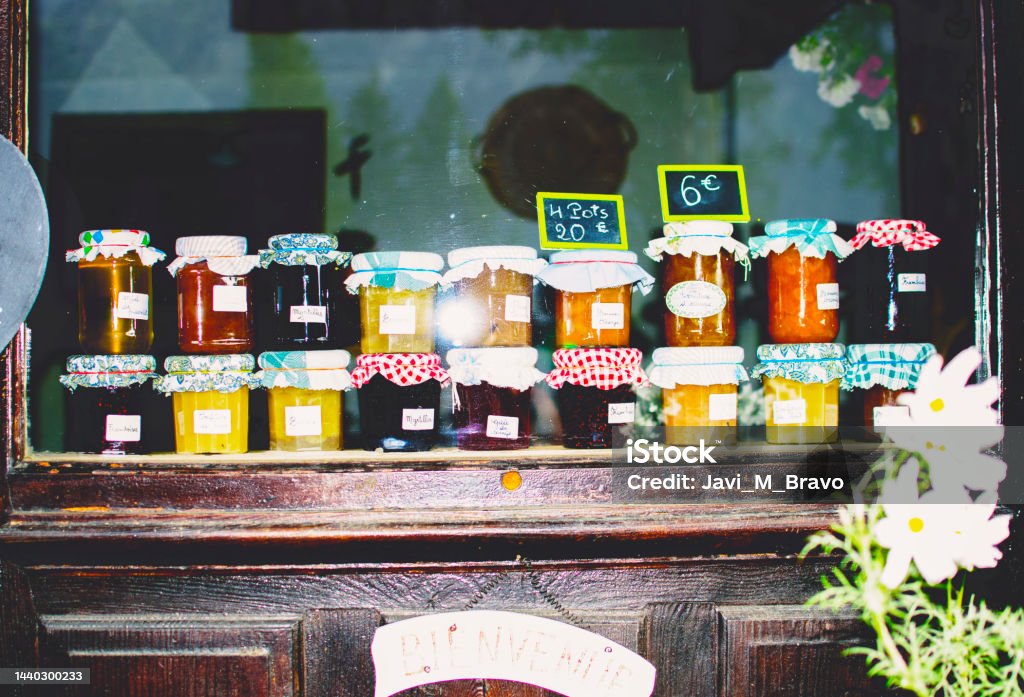 Old store storefront with jam jars Andorra Stock Photo