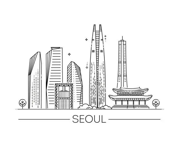 Vector illustration of Corea, Seoul line travel skyline set. Vector symbols