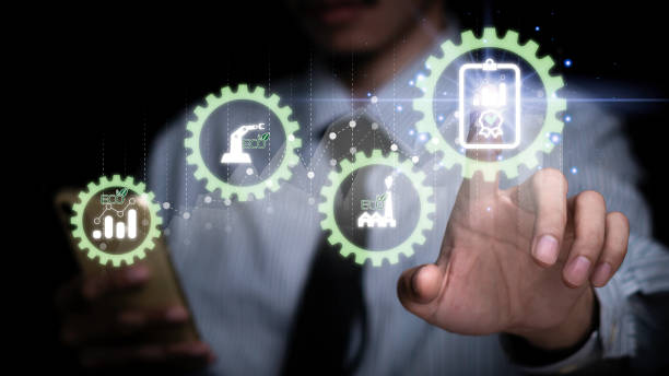 istock Person holding a tablet technology looking at the graph of pollution reduction or contaminants, toxic substances in industrial plants to obtain an environmental certificate. 1440304460