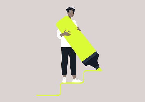 Young male African character drawing staircase steps with a huge neon yellow highlighter, ambitions and careerism