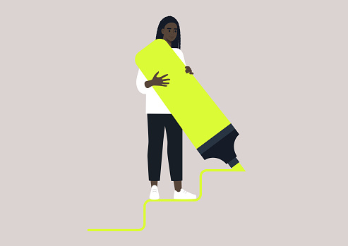 Young female African character drawing staircase steps with a huge neon yellow highlighter, ambitions and careerism