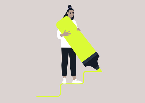 Young female Asian character drawing staircase steps with a huge neon yellow highlighter, ambitions and careerism