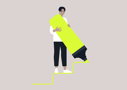 Young male Asian character drawing staircase steps with a huge neon yellow highlighter, ambitions and careerism