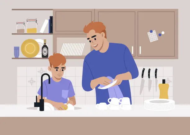 Vector illustration of Cute redhead family washing dishes in the kitchen, domestic chores