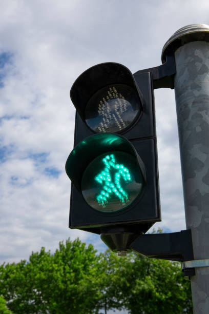 Green traffic light for pedestrians on the crosswalk