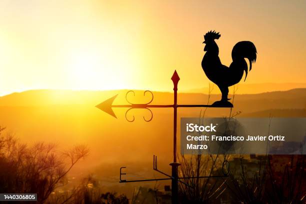 Rooster Weather Vane At Sunrise With Bright Colors Concept Of Early Morning Wake Up Stock Photo - Download Image Now