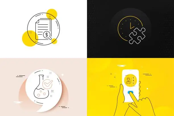 Vector illustration of Minimal set of Puzzle time, Chemistry lab and Opinion line icons. For web development. Vector