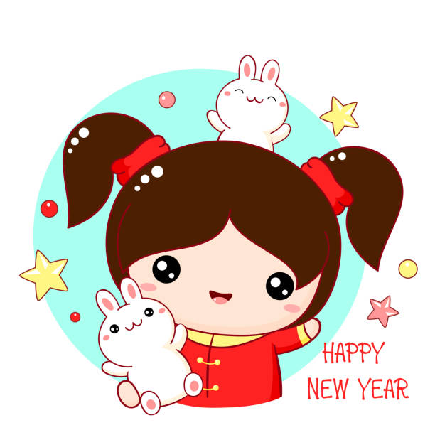 Cute little girl with two bunnies. Inscription Happy new year.  Square Cute little girl with two bunnies. Inscription Happy new year.  Square holiday card, Gift tag, card, badge, sticker with baby friends - girl and rabbits. Vector illustration EPS8 new years baby stock illustrations