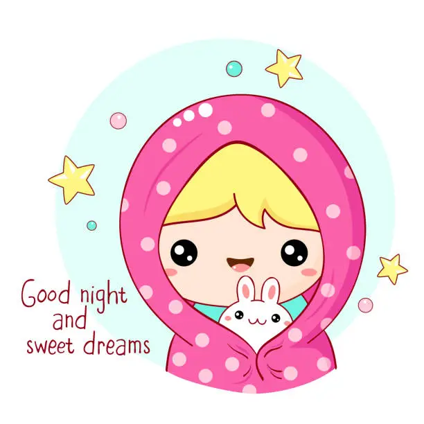 Vector illustration of Cute baby and bunny wrap in a blanket. Little friends wrapped in soft duvet. Inscription Good night and sweet dreams