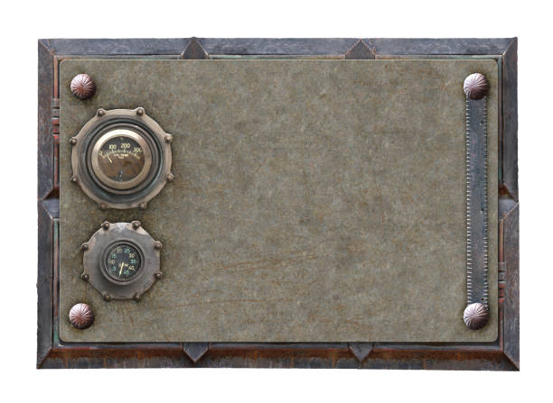 istock Metallic rectangular frame with vintage metal details and retro rivets. Isolated on white background 1440309357