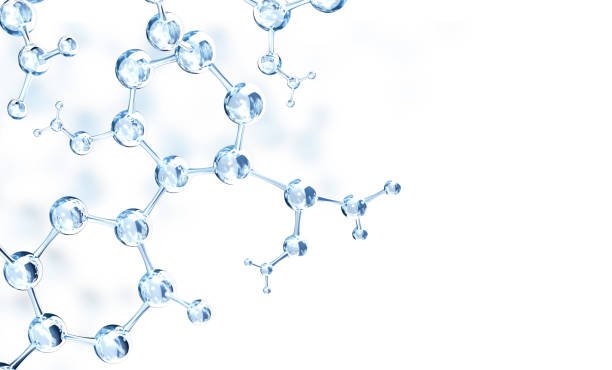 Horizontal banner with model of abstract molecular structure. Glass atom model