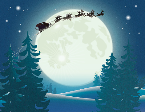 Illustration of Santa and reindeers flying his sleigh over the moon across the night sky.