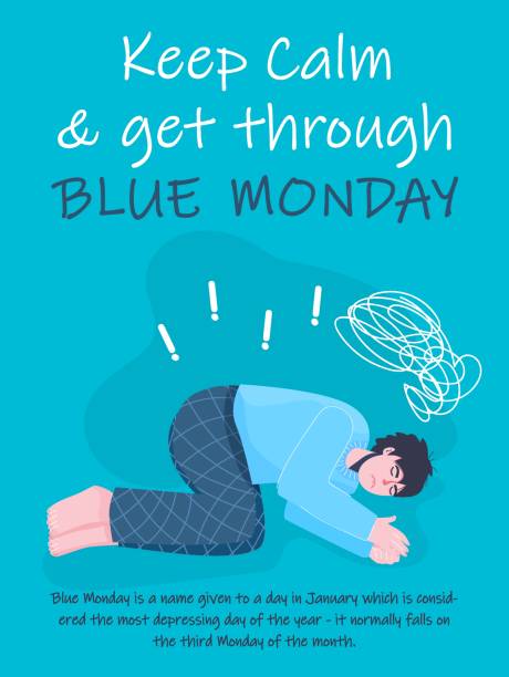 Blue Monday. The most depressing, saddest day of the year. Blue Monday. The most depressing, saddest day of the year. Third Monday of January. Bad weather, dark nights, no mood. Mental health, well-being concept. Editable vector illustration. Vertical poster keep calm and stock illustrations