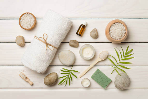 istock Composition with spa products on wooden background, top view 1440313388