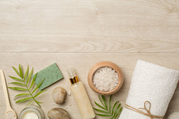 istock Composition with spa products on wooden background, top view 1440313389