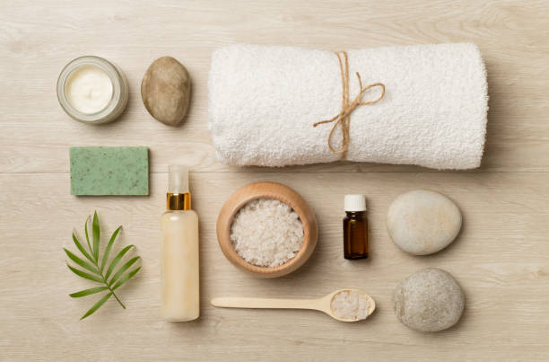 istock Composition with spa products on wooden background, top view 1440313392