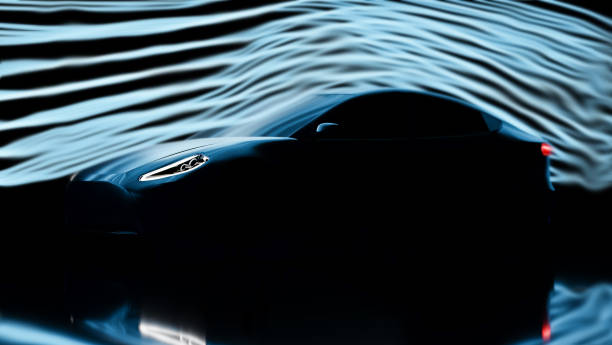 istock Electric vehicle aerodynamic test in wind tunnel, modern concept car engineering design for better speed performance, automotive physics smoke flow laboratory 3d illustration 1440316050