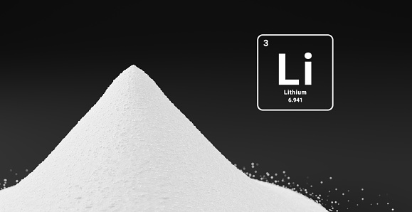 Pile of lithium-rich salt material from deposits for Li-Ion battery manufacturing in EV industry, Lithium hexafluorophosphate extract from rechargeable energy cell in recycling process 3D illustration